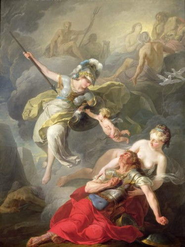 Картина Жозефа Бенуа Сюве. В 1771 г. – столкновение Афины и Ареса на поли брани во время Троянской войне