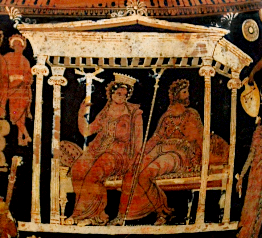 Аид и Персефона в царстве мертвых (ваза, 330 г. до н.э, Апулия, Италия).