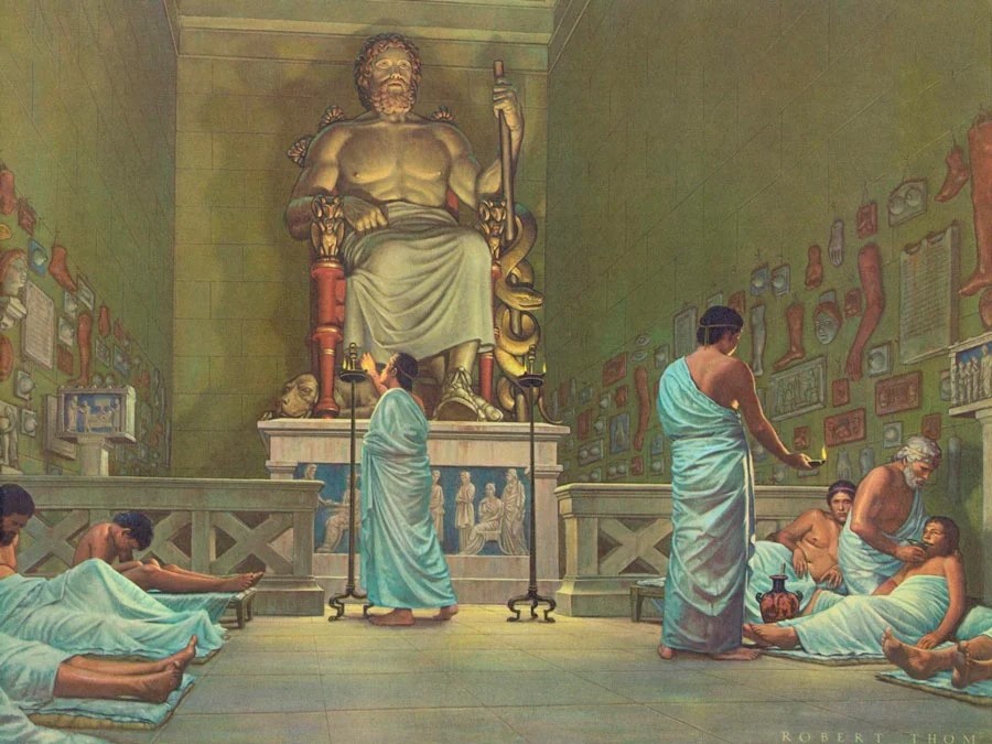 Паломники укладываются спать в храме Асклепия. 1957 г. Роберт Алан Том.
