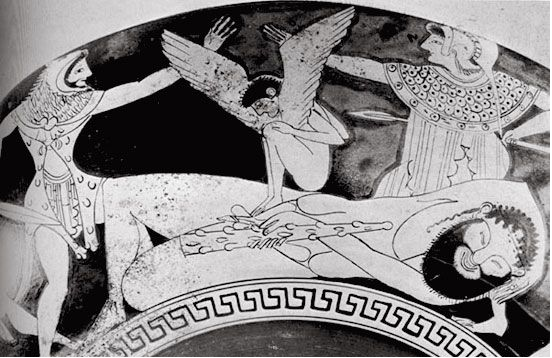 Картина Геракл, Алкионей, Гипнос и Афина, афинский краснофигурный киликс C5-го до н.э. Национальная галерея Виктории. Мельбурн, Австралия
