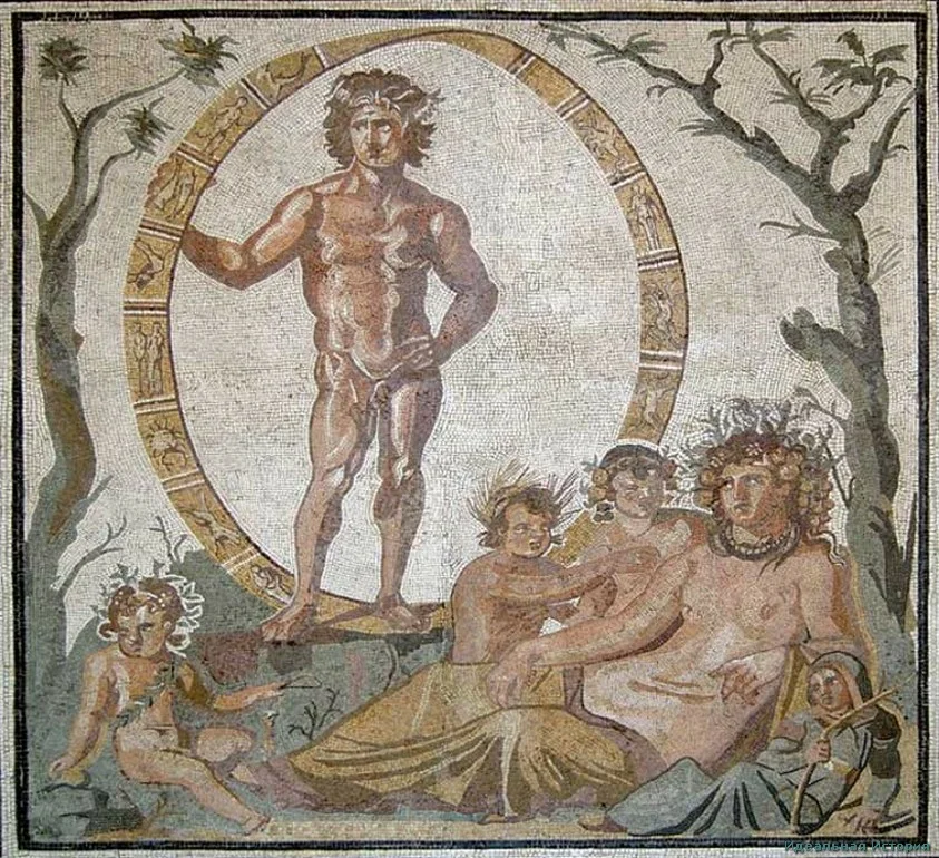 Статуя Геи Центральная часть большой напольной мозаики. Вилла в Сентинуме, Рим, Италия