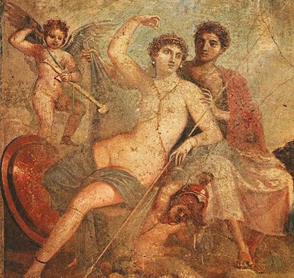 Афродита, Арес, Эрос и Фобос, греко-римская фреска из Помпеи 1 век нашей эры, Национальный археологический музей Неаполя