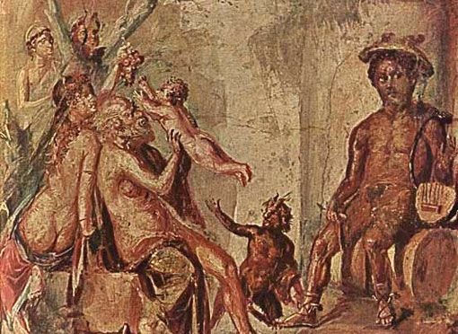 Силен, нимфы нисады, младенец Дионис и Гермес, греко-римская фреска из Помпей 1 век н.э., Национальный археологический музей Неаполя