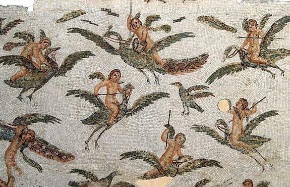 Эроты верхом на птицах, греко-римская мозаика, Национальный музей Бардо.