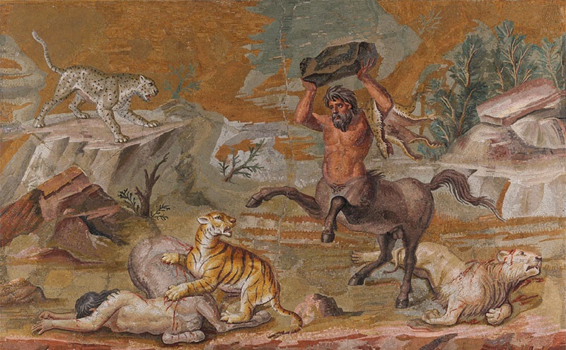 Кентавр, Кентаврида, тигр и лев, греко-римская мозаика из дворца Адриана, 2 век н.э., Старый музей
