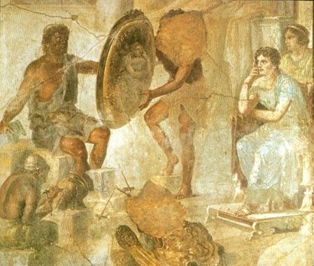 Гефест, циклопы и Фетида, греко-римская фреска из Помпеи 1 век нашей эры, Национальный археологический музей Неаполя